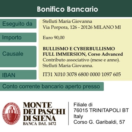 Bullismo e Cyberbullismo bonifico bancario corso scontato