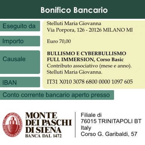 Bullismo e Cyberbullismo bonifico bancario